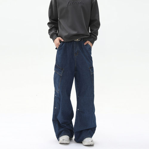 MTLCLOTHES男装|高街重工解构拼接立体多口袋垂感阔腿工装牛仔裤