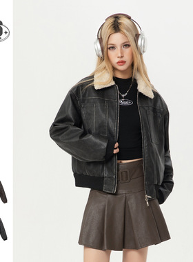 STIWAUP高级感美式复古机车服PU皮衣棉服女生翻领冬季外套MY6702