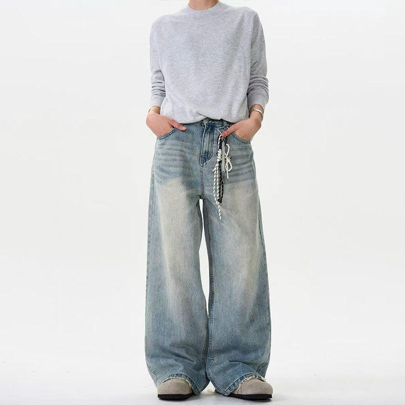 美式复古cleanfit水洗做旧牛仔裤男女宽松显瘦休闲阔腿直筒裤子潮