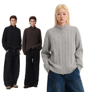 CATTEE 翻领双拉链休闲针织开衫上衣女复古麻花宽松慵懒毛衣外套