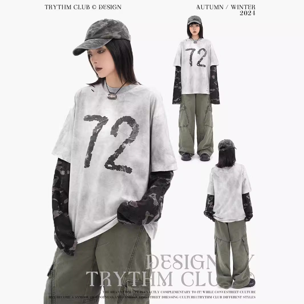 TRYTHMCLUB 水洗做旧字母印花宽松长袖新款迷彩袖假两件t恤美式卫
