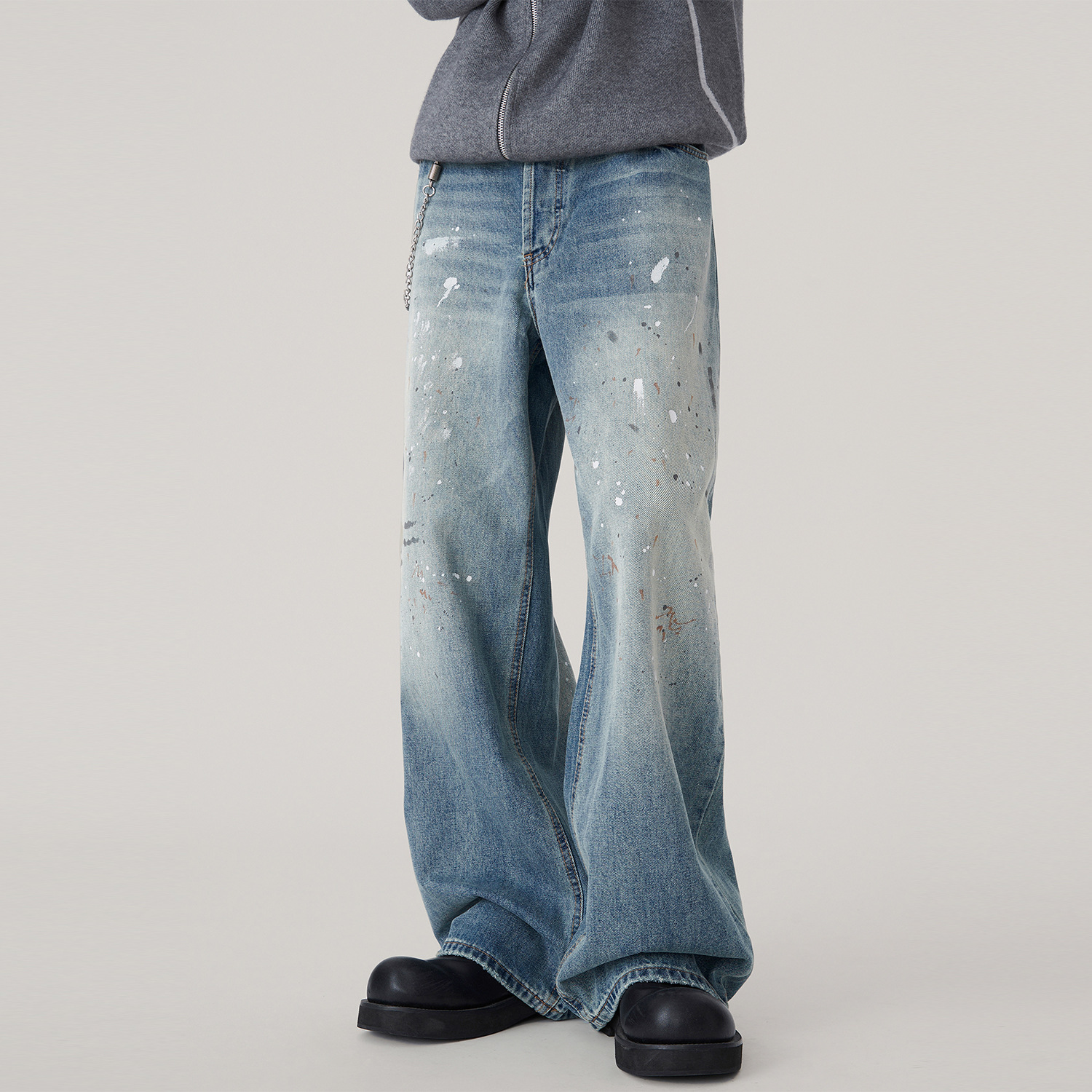 泼墨牛仔裤男直筒宽松阔腿美式高街裤子潮牌痞帅水洗复古设计长裤