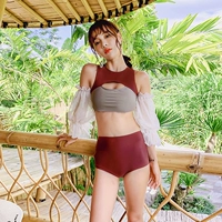 Mới đồ bơi lưới màu đỏ nữ chia bikini gợi cảm Hàn Quốc ins dài tay áo chống nắng mùa xuân đi biển - Bộ đồ bơi hai mảnh bikini 2 mảnh màu hồng