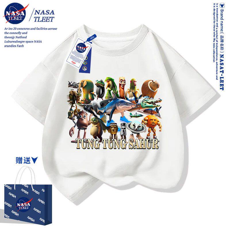 NASA联名国外山海经男女儿童短袖T桖木棍人鳄鱼战斗机短袖半袖潮