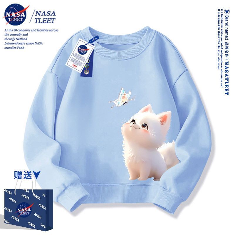 NASA小猫咪女童卫衣春秋2025新款中大童男童秋装加绒圆领儿童上衣
