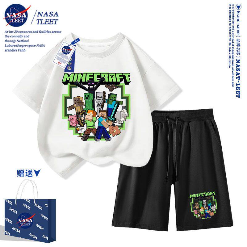 NASA联名动漫游戏周边苦力怕男女儿童短袖t恤短裤套装夏装新款潮