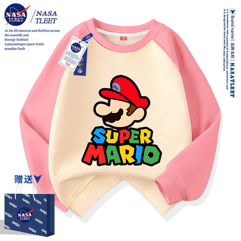 NASA联名新款男女童装宽松洋气上衣秋冬季卡通游戏马里奥插肩卫衣
