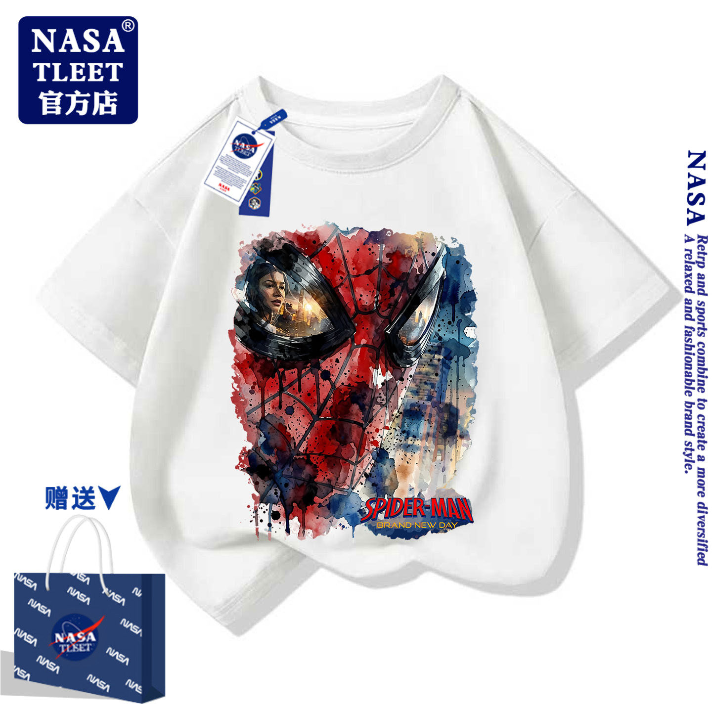 NASA联名蜘蛛侠Spider-Man新款男女童百搭上衣儿童短袖学生半袖夏