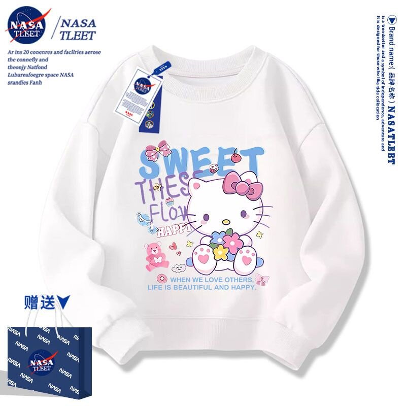 NASA联名春秋季卡通动漫凯蒂猫宽松上衣新款男女童装KT猫圆领卫衣