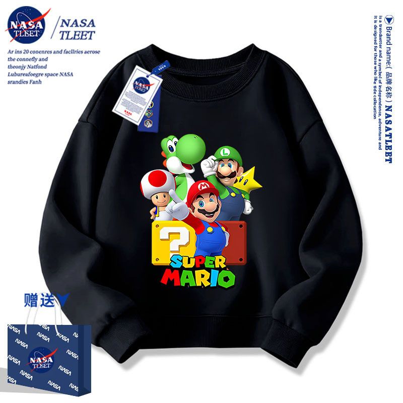 NASA联名春秋季新款卡通游戏马里奥宽松休闲上衣洋气男女童装卫衣