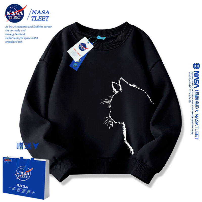 NASA联名黑色白猫卫衣男士秋冬季2025新款美式宽松圆领情侣装外套