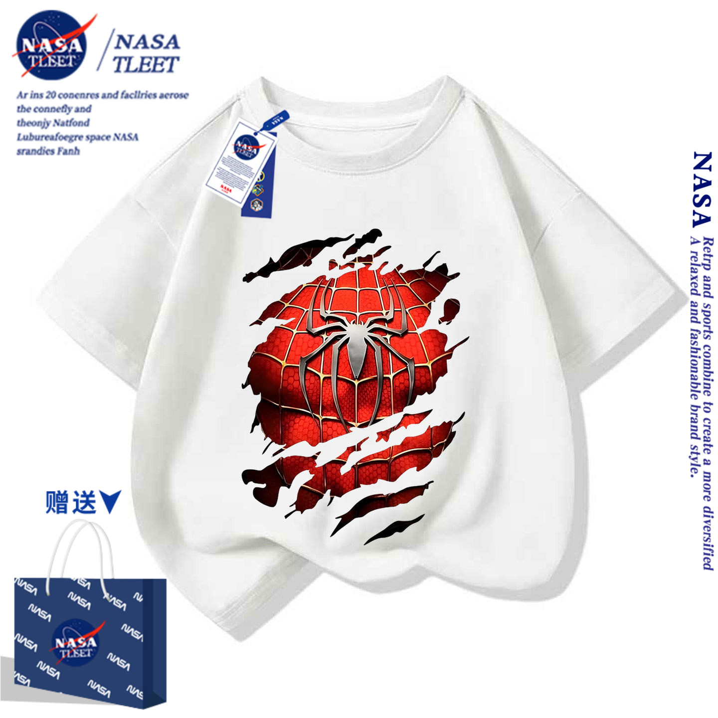 NASA蜘蛛侠Spider-man儿童卡通动漫男女中小儿童学生短袖棉t恤衫