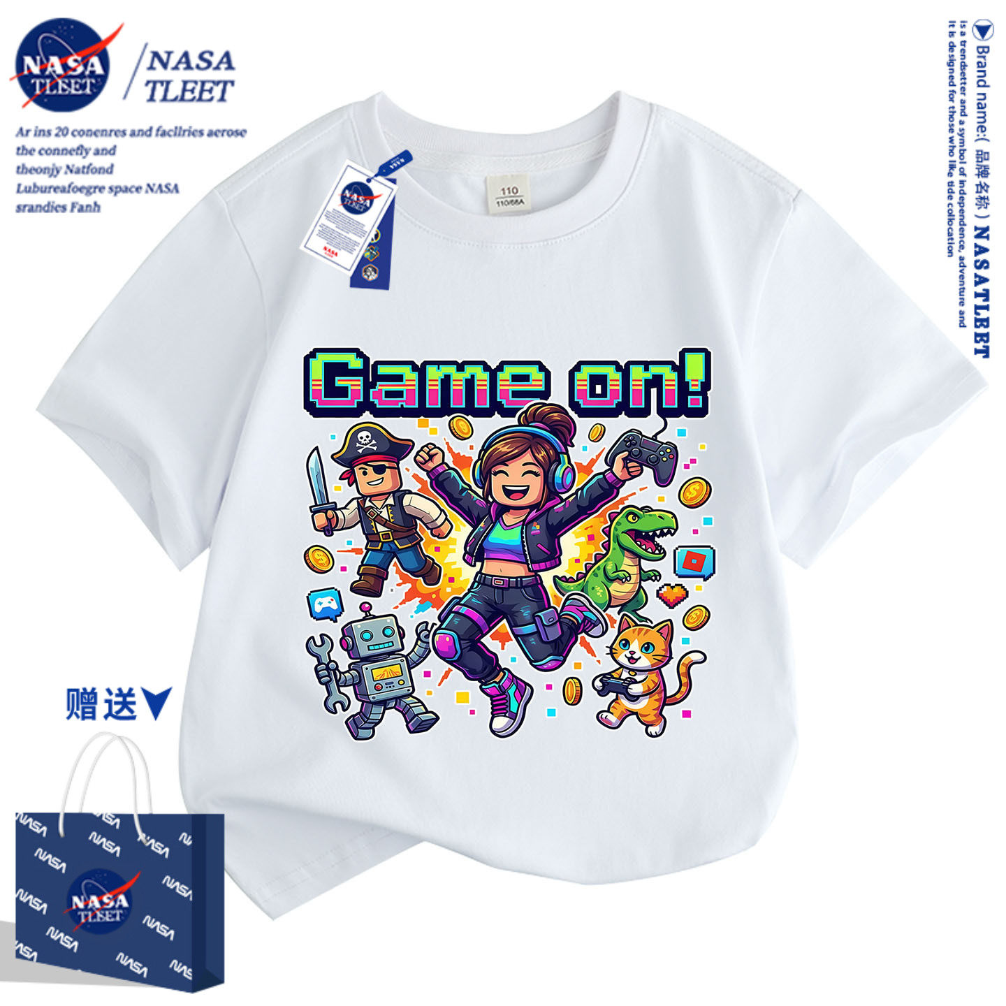 NASA可爱Roblox游戏男女款中大儿童短袖棉圆领宽松t恤潮童上衣服