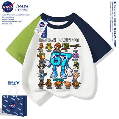 NASA联名67号窃取脑腐偷走脑红印花男女中大儿童学生t恤半袖衫夏