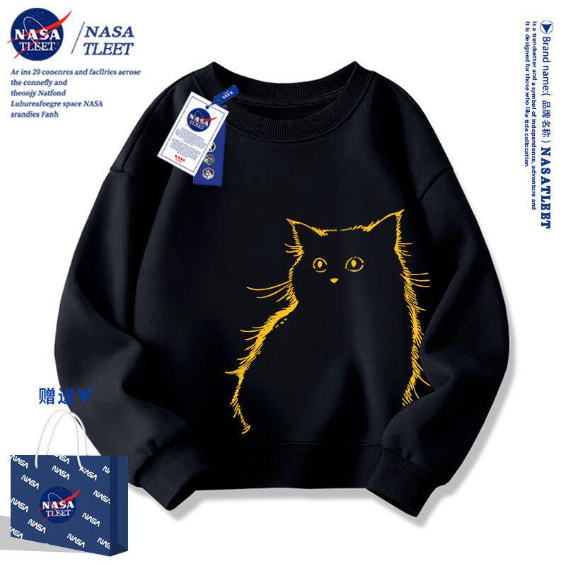 NASA猫咪衣服儿童卫衣加绒春秋2025新款女童秋冬中大男童黑色上衣