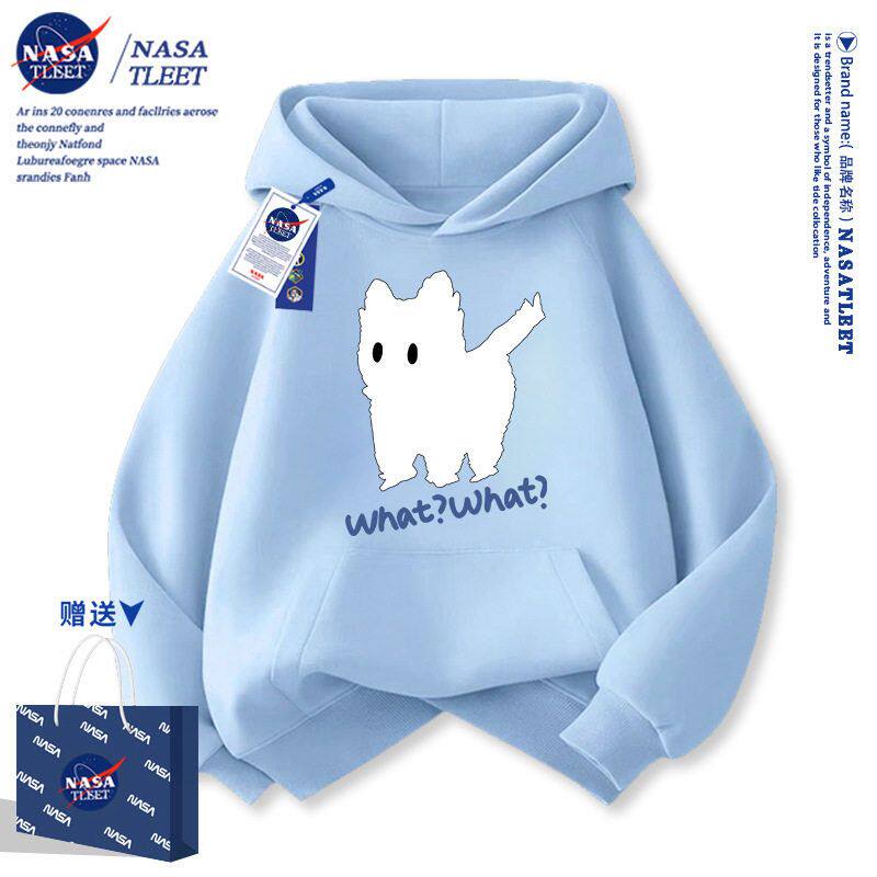 NASA克莱因蓝儿童连帽春秋卫衣2025新款男童秋冬加绒猫咪女童外套