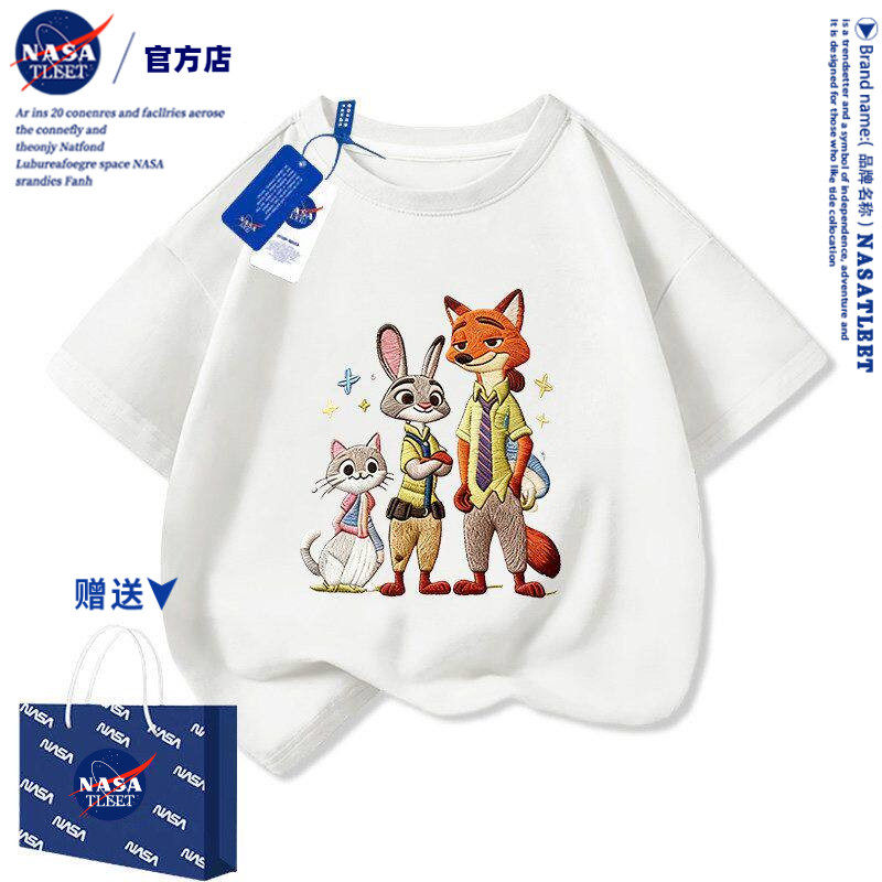 NASA疯狂动物城童装夏季洋气卡通可爱仿刺绣印花儿童纯棉短袖T恤