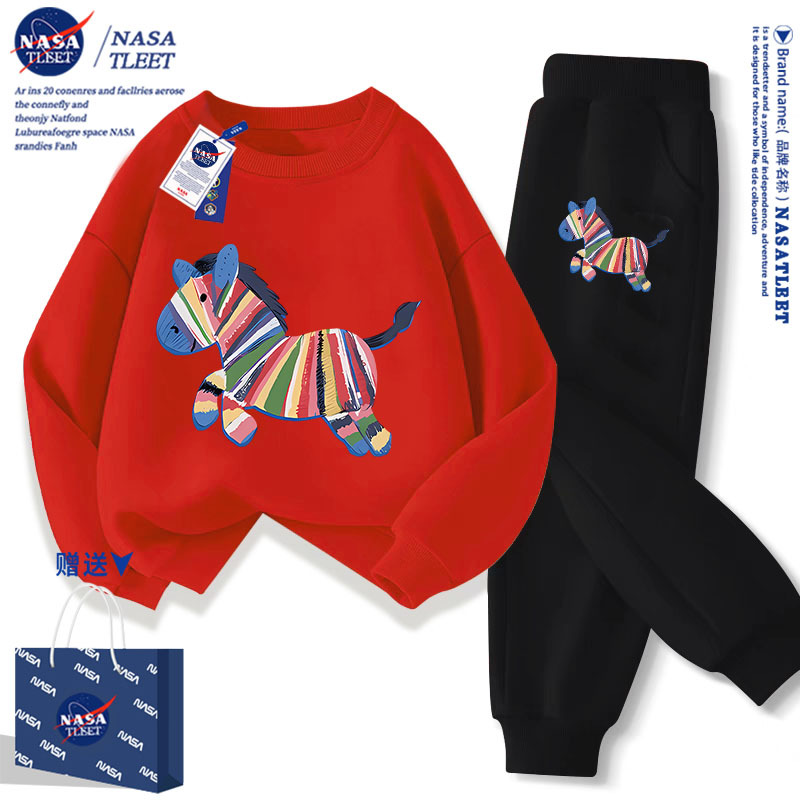 NASA儿童红色卫衣冬装套装加绒男女童2026马年12岁女孩本命年衣服