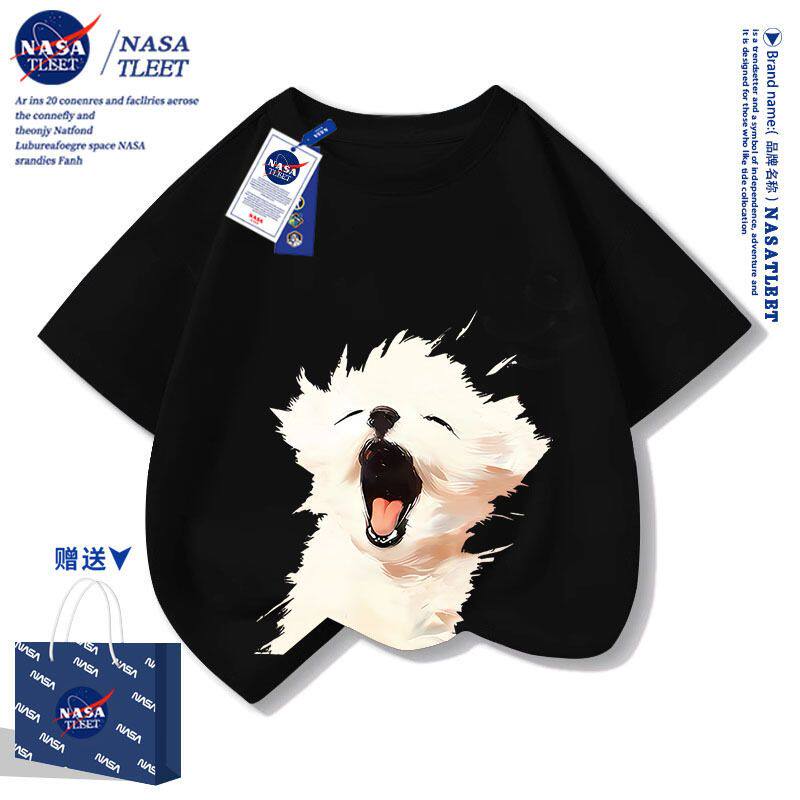 NASA狗狗儿童短袖t恤夏季纯棉2025新款女童半袖洋气上衣男童夏装