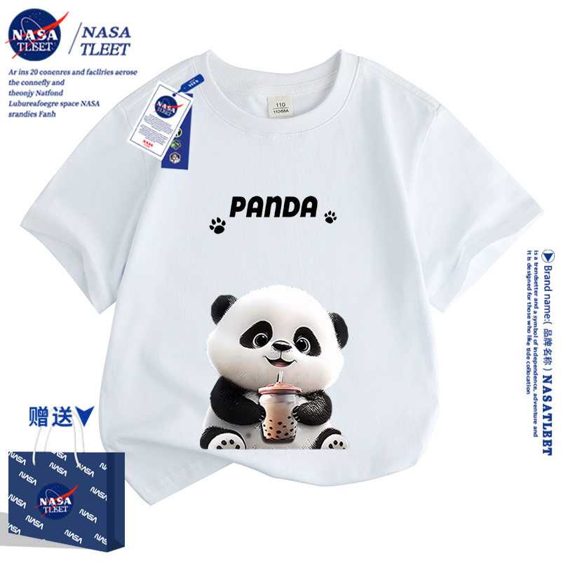 NASA亲子装2025新款夏天一家三口夏季熊猫t恤短袖纯棉母子女夏装