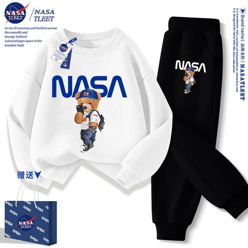 NASA联名潮系背包小熊卡通时髦洋气男女儿童中小童卫衣裤子套装冬