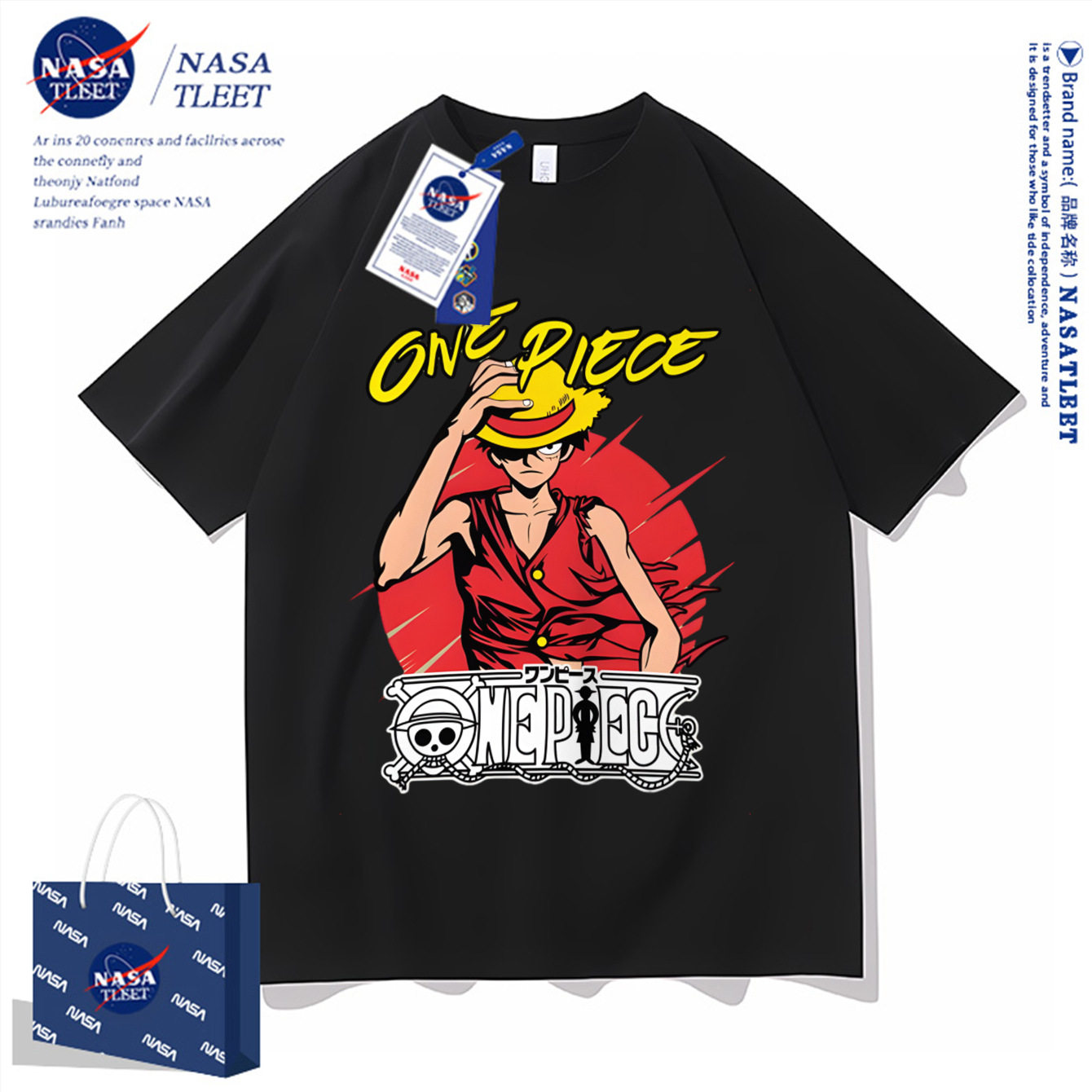 潮牌T恤NASA短袖t恤男女同款落日海贼王英文卡通新款热销印花短袖