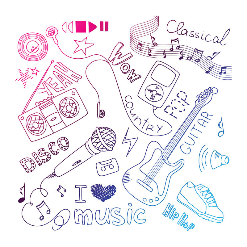 可爱线描音乐元素 手绘音乐乐器 吉它 话筒 ai格式矢量设计素材