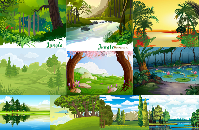 卡通自然风景 树木森林草湖水野外风景背景 AI格式矢量设计素材