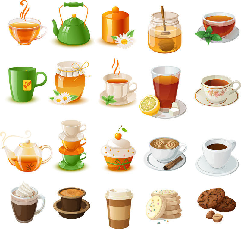 精美卡通饮具饮品 多款咖啡杯子 食物图标  ai格式矢量设计素材
