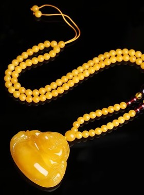 天然正品波罗的海鸡油黄琥珀蜜蜡弥勒佛吊坠大肚笑佛毛衣链带证书