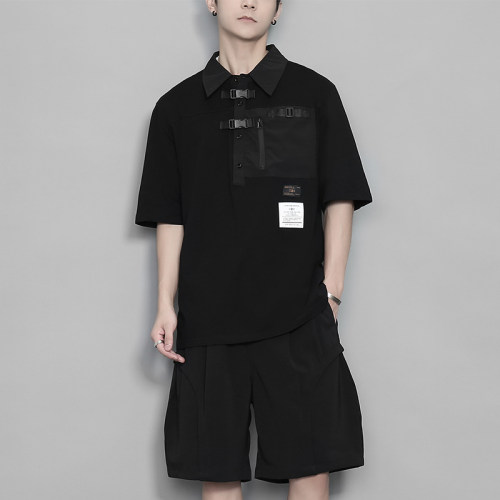 织带扣拼接设计翻领Polo衫男短袖