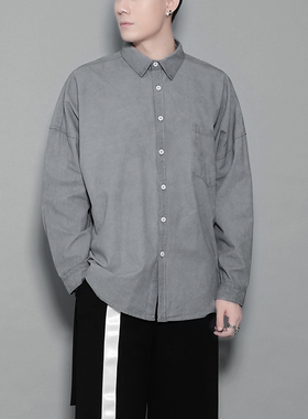 原创男装暗黑系港风文艺复古做旧个性极简灰色衬衫男长袖秋季上衣