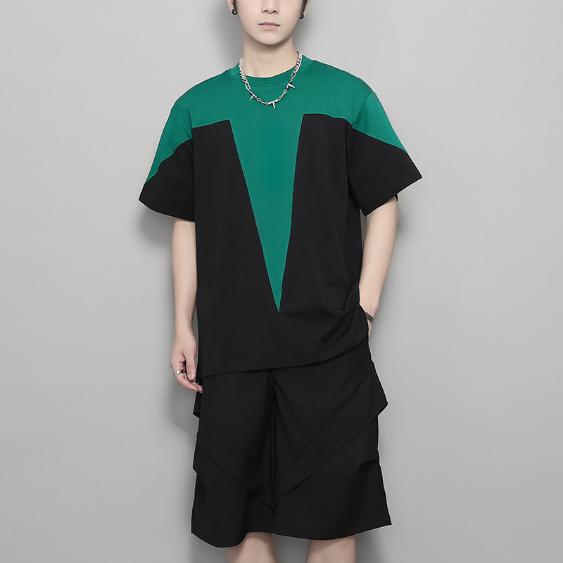 原创男装夏季美式港风不规则几何撞色拼接小众设计感t恤男短袖tee