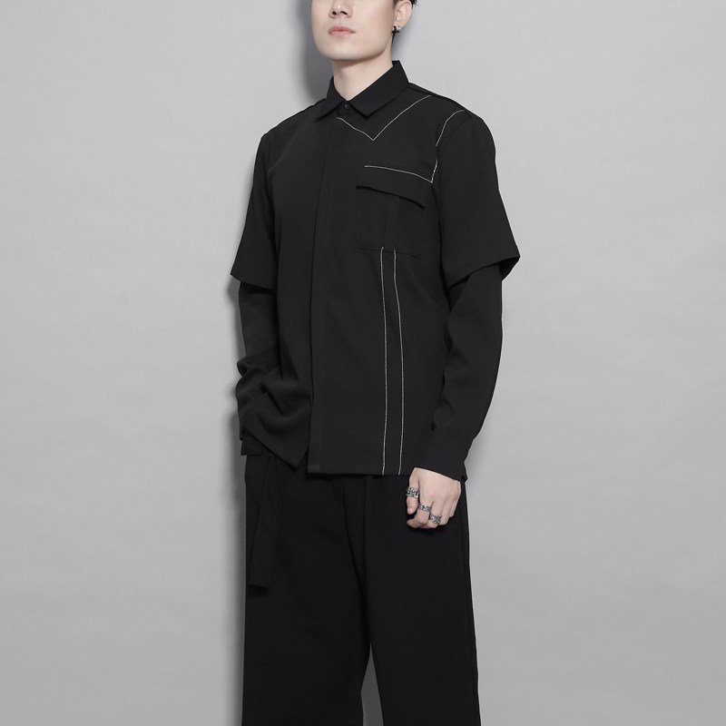 原创英伦秋季暗黑刺绣假两件衬衫