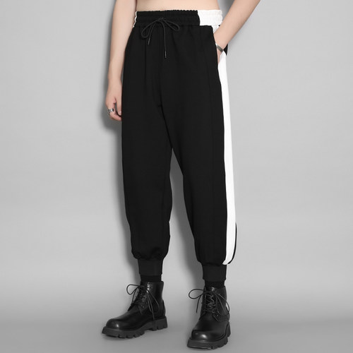 黑白撞色拼接休闲弹力小脚九分裤