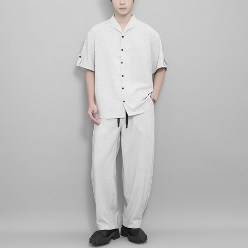 日系老钱风设计感短袖衬衫男套装