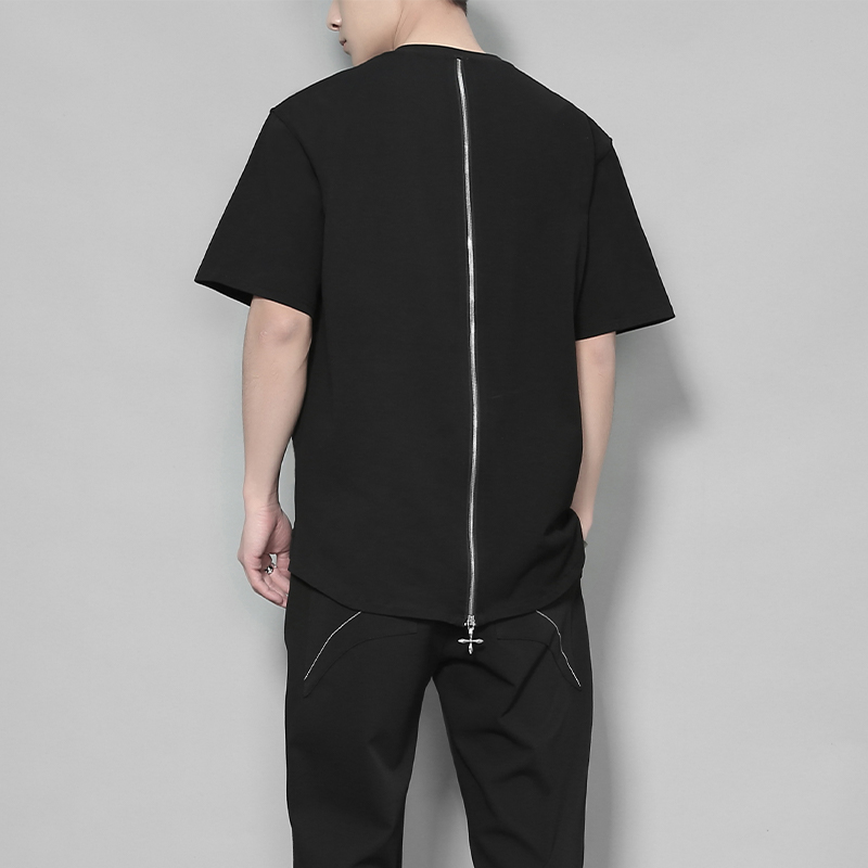 港风后背拉链拼接百搭短袖t恤男