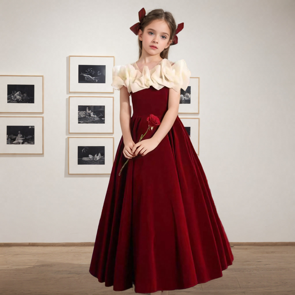 女童礼服一字肩红色丝绒小女孩公主裙儿童洋气钢琴演奏演出服春季