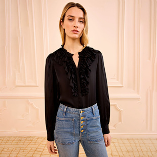 ullajohns*n法式黑色100%桑蚕丝长袖衬衫女春夏款2026荷叶边衬衣