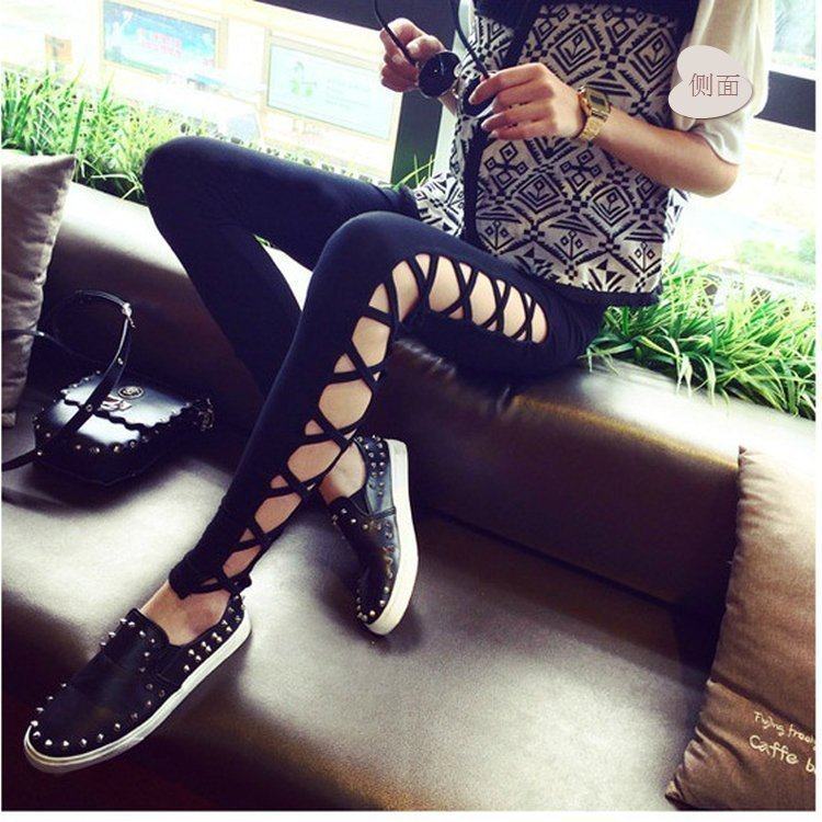 春季新款大码女装裤子高弹打底裤个性交叉带时尚镂空九分裤休闲裤 - 淘宝联盟商品