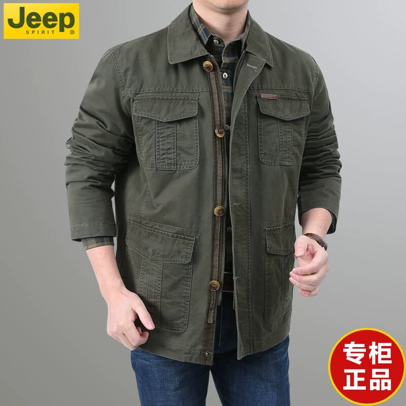 JEEP吉普高端品牌外套男士春秋款工装纯棉夹克休闲中年爸爸装上衣