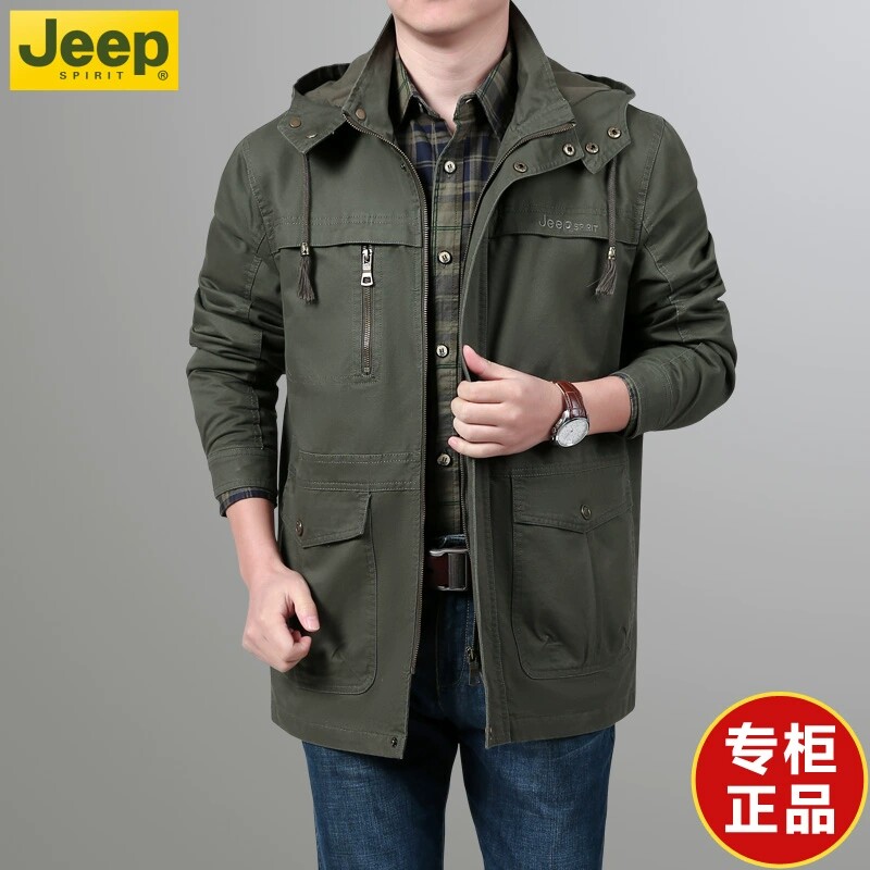 JEEP吉普国际高端品牌男装中长夹克中年男士春秋战地休闲纯棉外套