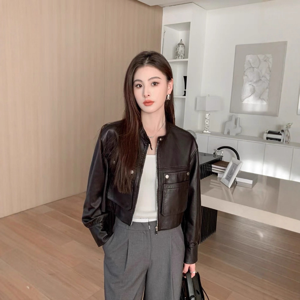 普洛克正品海宁绵羊皮外套女春秋新款立领短款真皮皮衣机车皮夹克