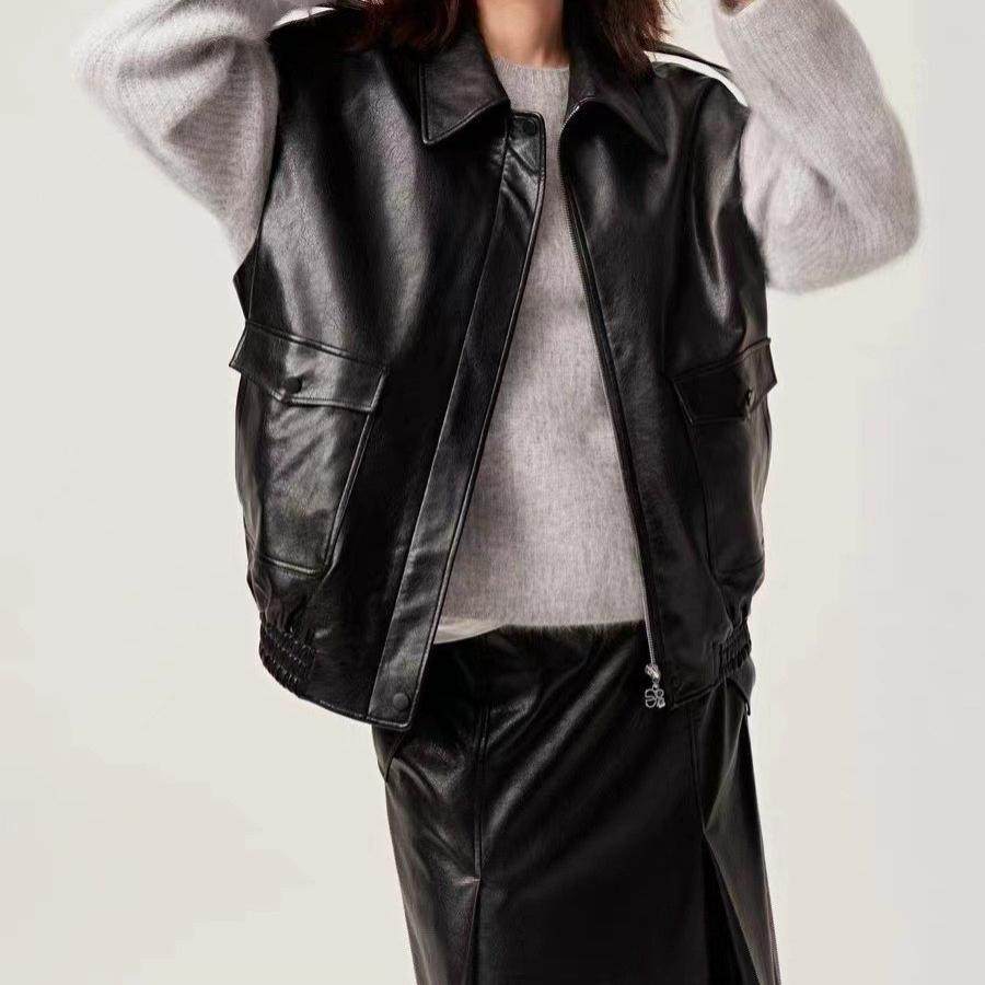 普洛克正品真皮皮衣春秋季新款进口油蜡半植羊皮袖坎肩马甲外套女