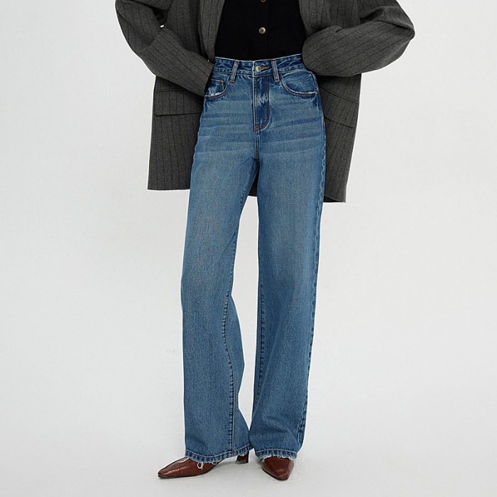 普洛克正品派&高端窄版宽松牛仔裤女秋季女士高腰直筒显瘦阔腿裤