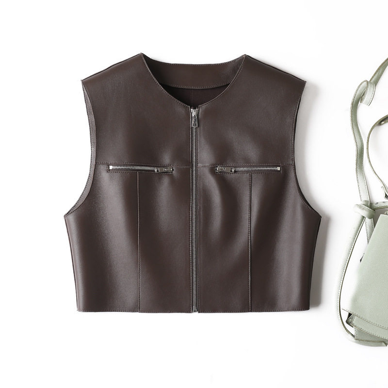 普洛克正品皮皮衣春秋时尚新款小羊皮设计感袖皮马甲气质短款背心