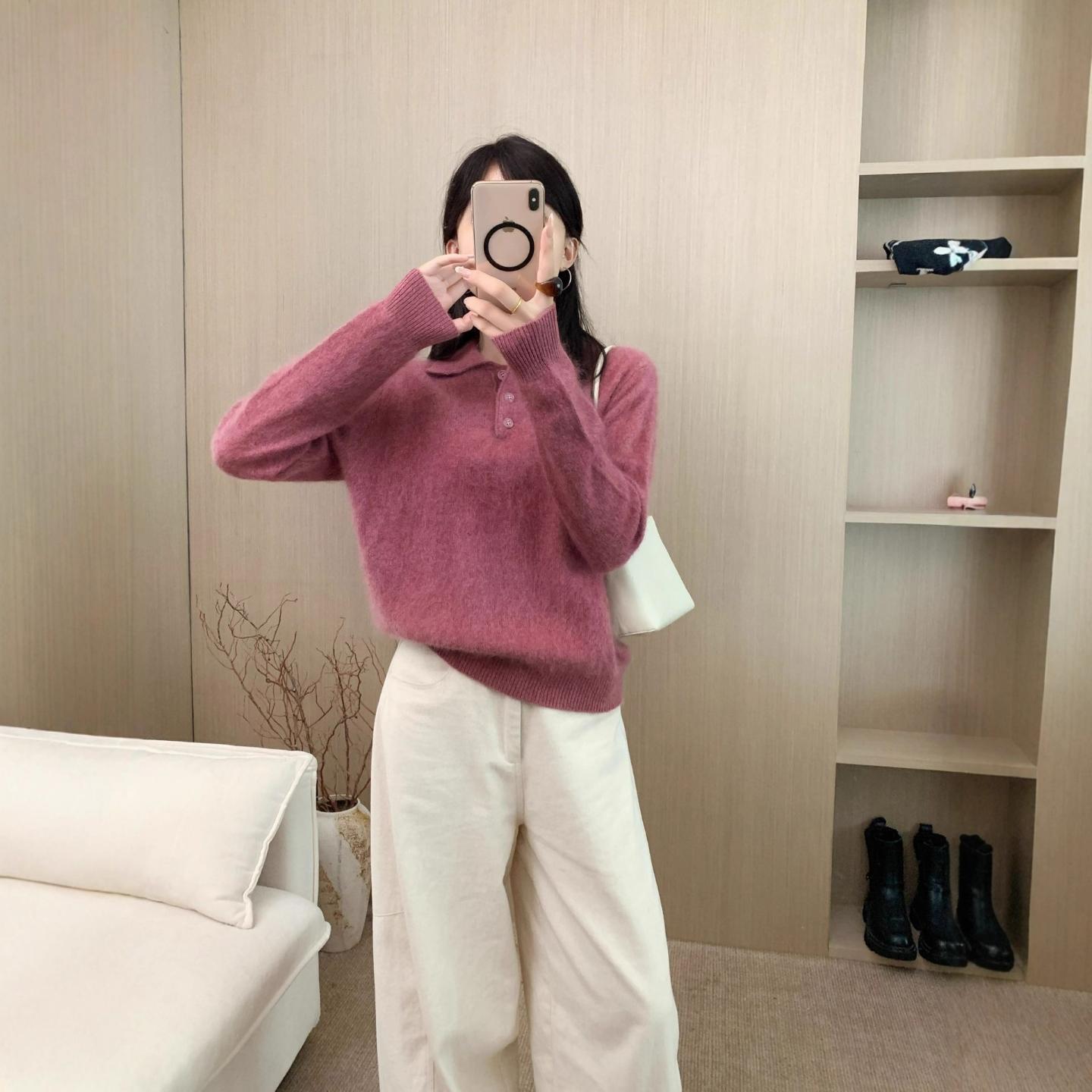 普洛克新款 翻领套头羊毛衫毛衣女秋冬宽松慵懒风软糯高级感针织