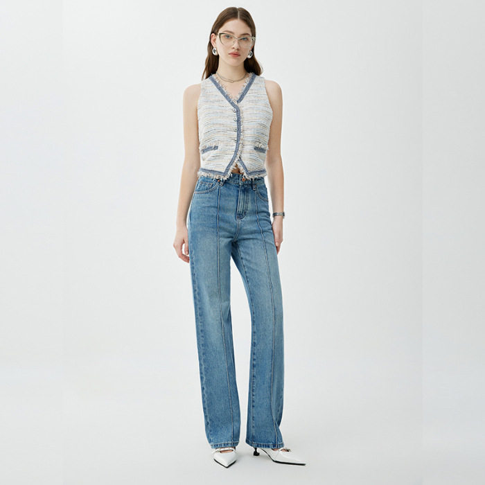 普洛克正品&高端窄版宽松牛仔裤女夏季女士高腰直筒裤气质阔腿长