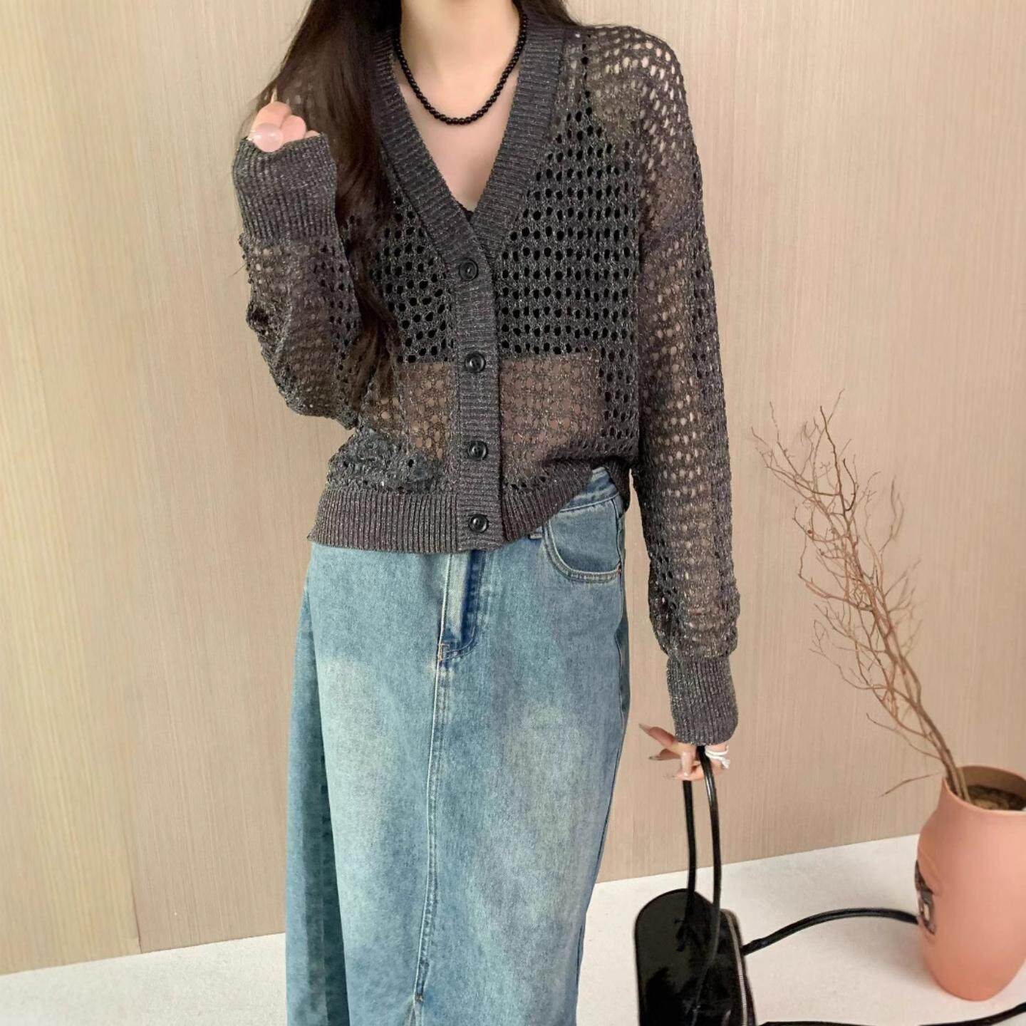 普洛克新款 镂空性感领针织开衫外套女微透欲风网状提花和纸纱春