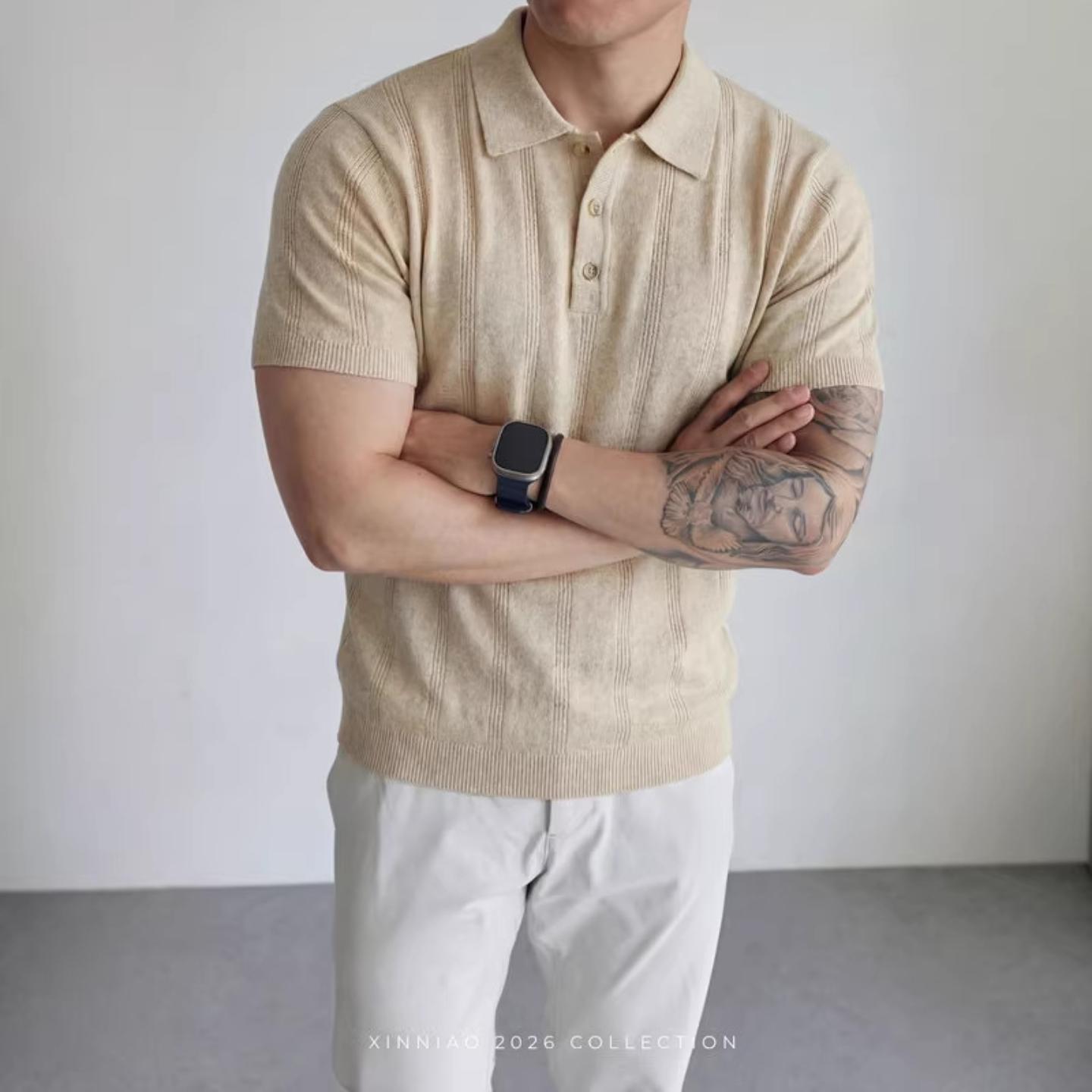 普洛克男装新款 针天丝麻衫夏薄款透气翻领半袖上衣老钱风针织短